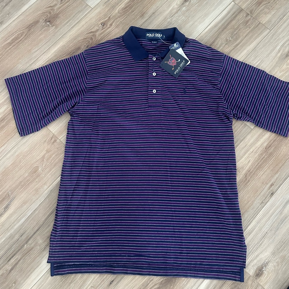 Ralph Lauren Men's Purple and Navy Striped Polo Shirt NWT Size Large